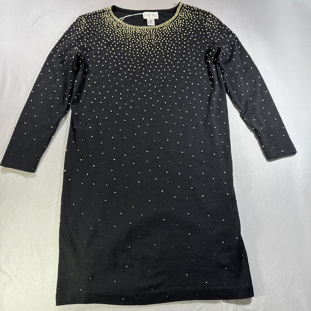 Vintage Et Al Beaded Sweater Dress Womens 8 Black Wool Blend Hand Beaded Knit